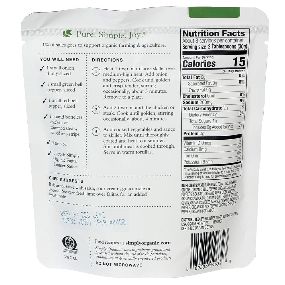 Frontier Co-Op Spices Simply Organic Classic Fajita Simmer Sauce 8 oz