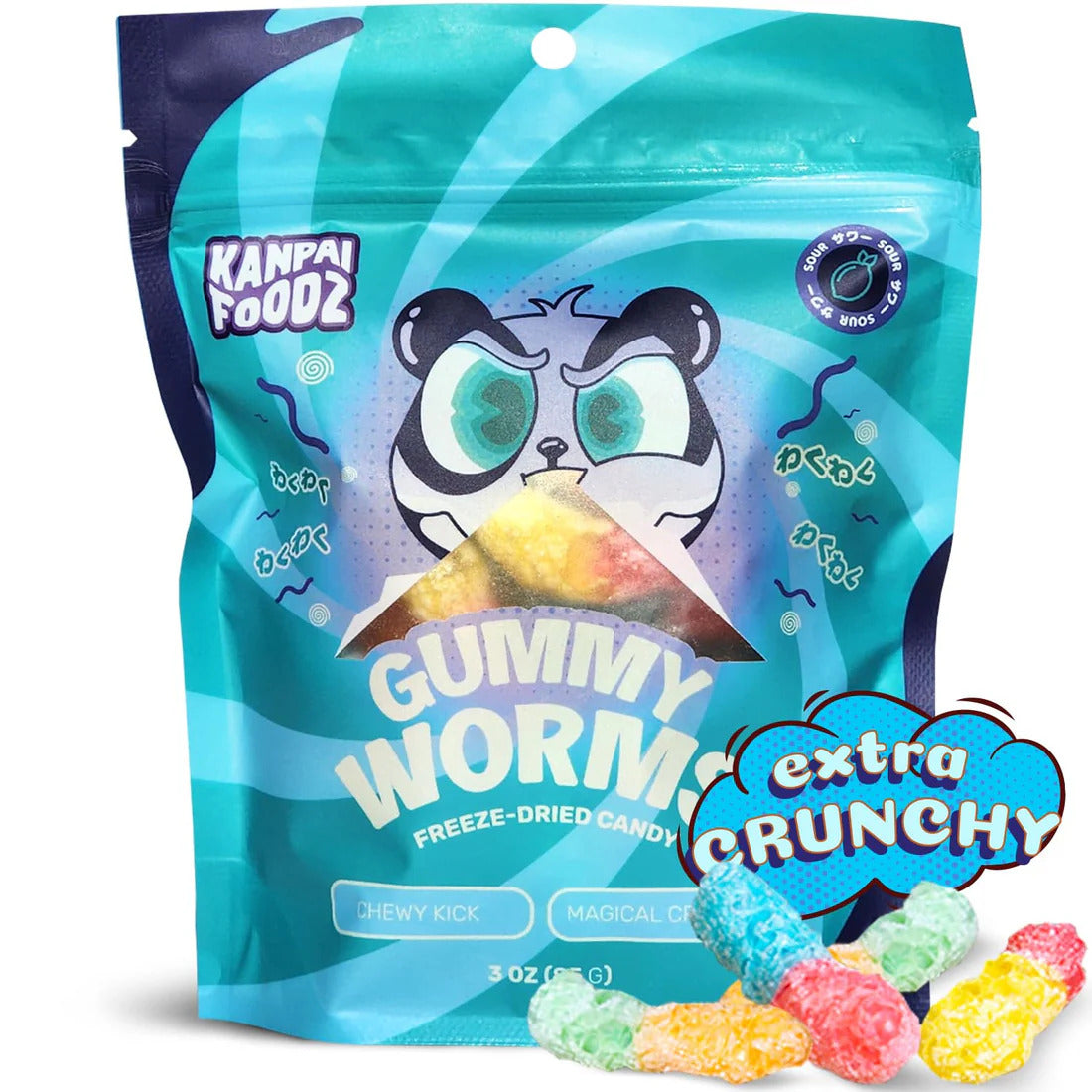 Kanpai Foodz Gummy Worms Freeze-Dried Sour Candy 3 Oz
