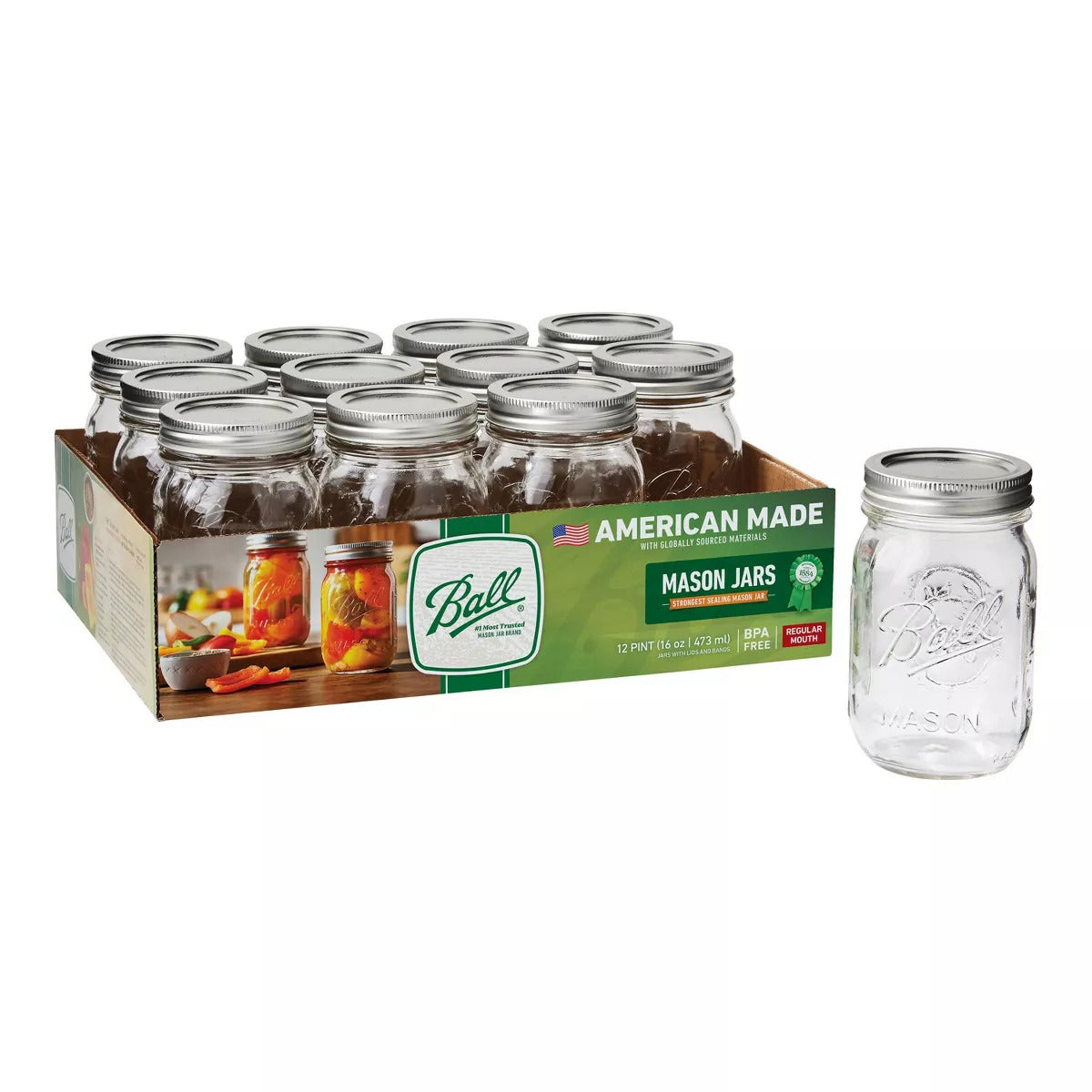 Ball Regular Mouth Pint Mason Jars With Lids (Set Of 12)