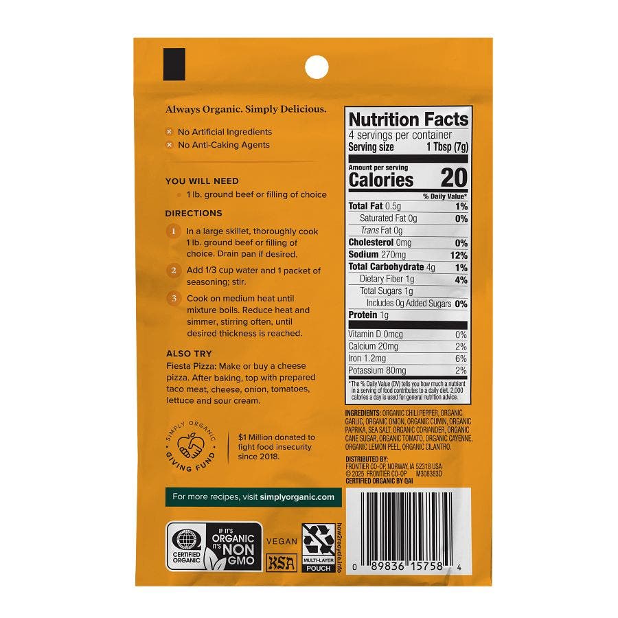 Frontier Co-Op Spices Simply Organic Mild Taco Seasoning Mix