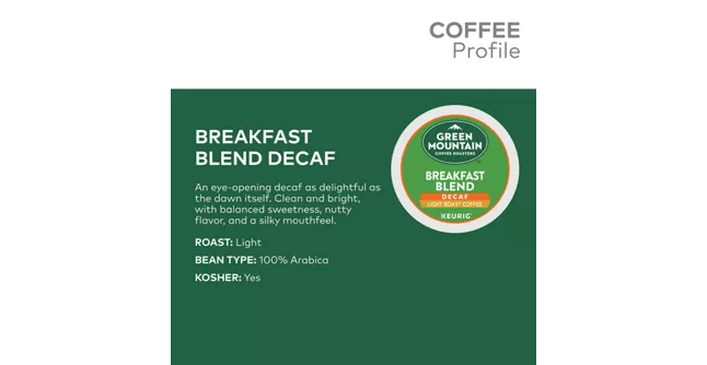 Keurig K-Cups Green Mountain Coffee Roasters Breakfast Blend Decaf K-Cup Coffee - 24 Count Box