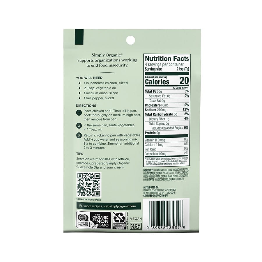 Frontier Co-Op Spices Simply Organic Fajita Seasoning Mix 1 oz